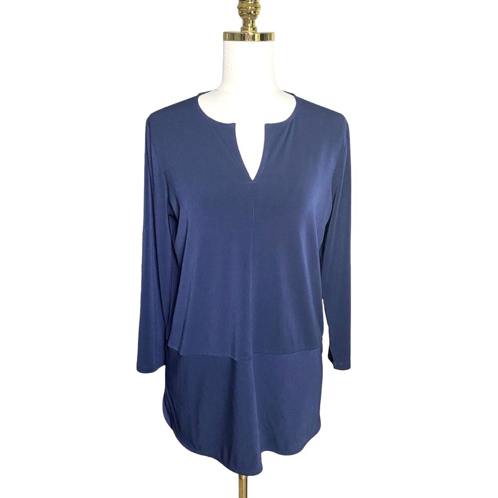 Lauren Ralph Lauren Navy Blue Jersey Tunic Split Neck Layered Top M Careerwear